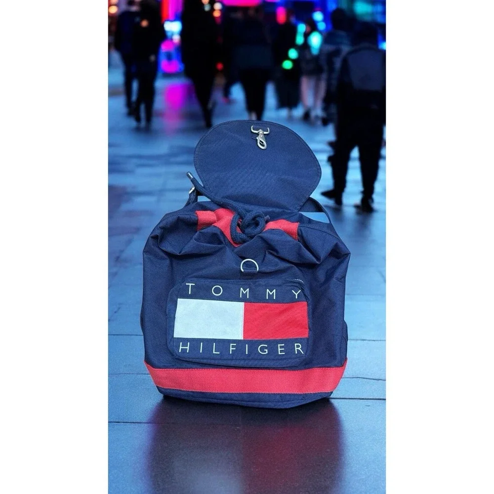 Vintage Y2K Tommy‎ Hilfiger Big Flag Logo Drawstring Backpack Bag, 90s Aesthetic